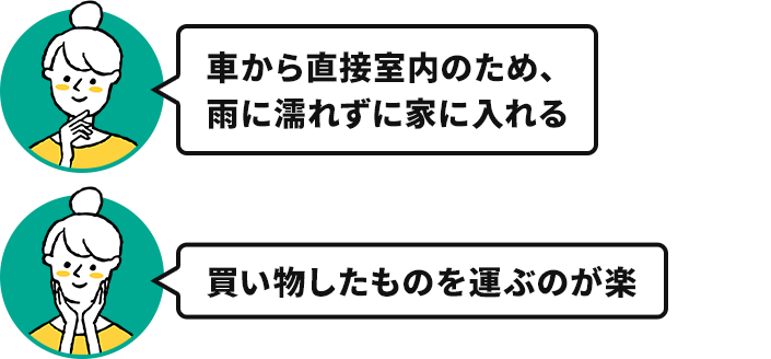 奥様「車から直接室内のため、雨に濡れずに家に入れる」「買い物したものを運ぶのが楽」
