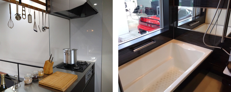 ガレージハウス内観:キッチンと風呂