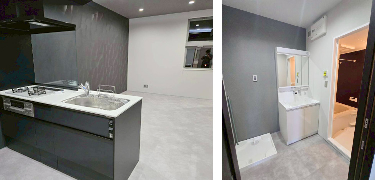 ガラスパネルを採用したキッチンや洗面所